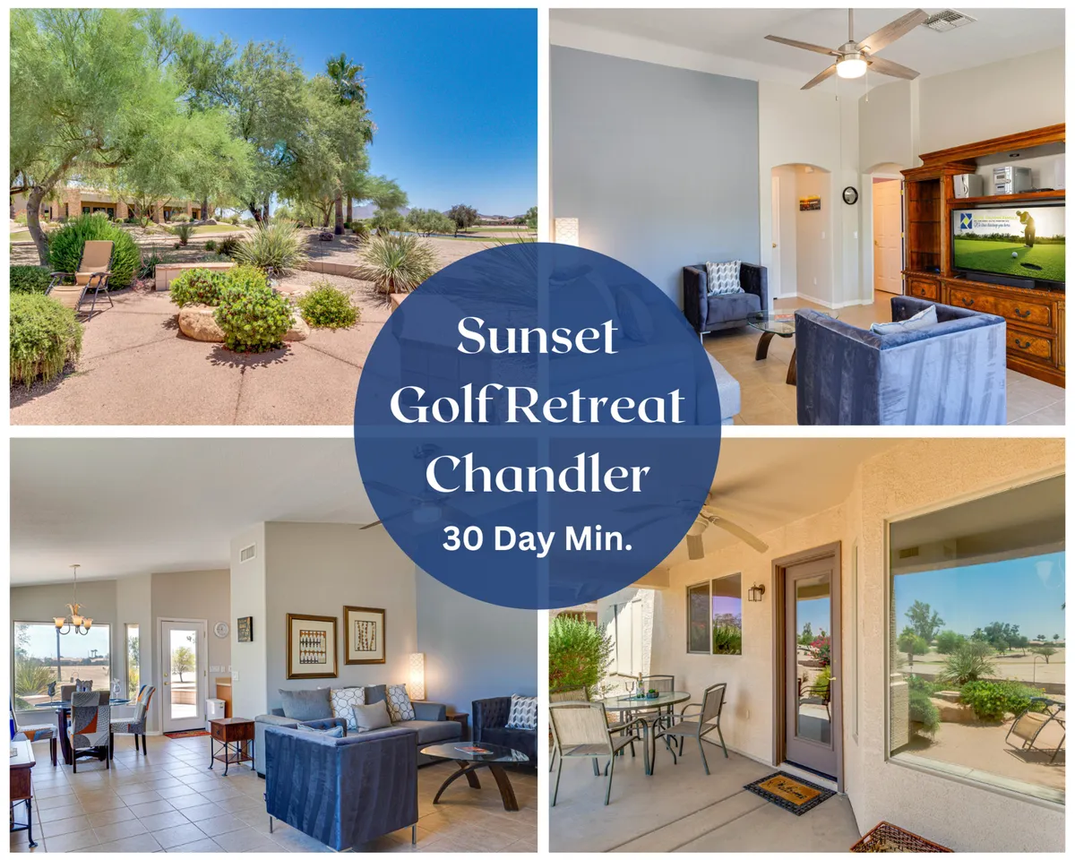 The image showcases the home's exterior, surrounded by lush landscaping and comfortable outdoor seating areas, with an expansive view of the golf course. The setting is tranquil and designed for relaxation, ideal for enjoying sunsets, morning coffee, or social gatherings in the garden.