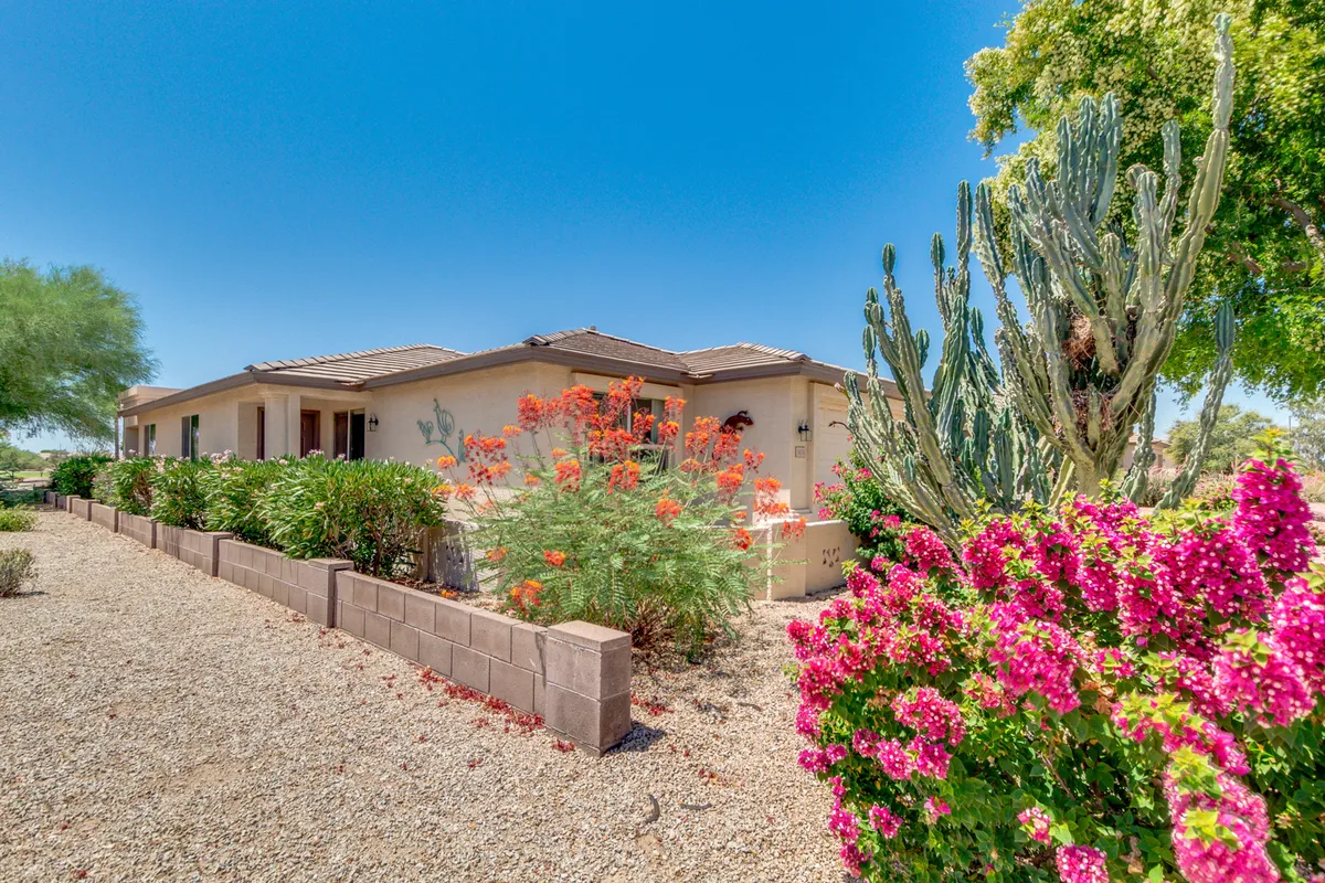 The house exterior surrounded by vibrant flowers and cacti, exemplifying the inviting and colorful outdoor spaces that Arizona is known for. The scene suggests comfortable outdoor living and relaxation.