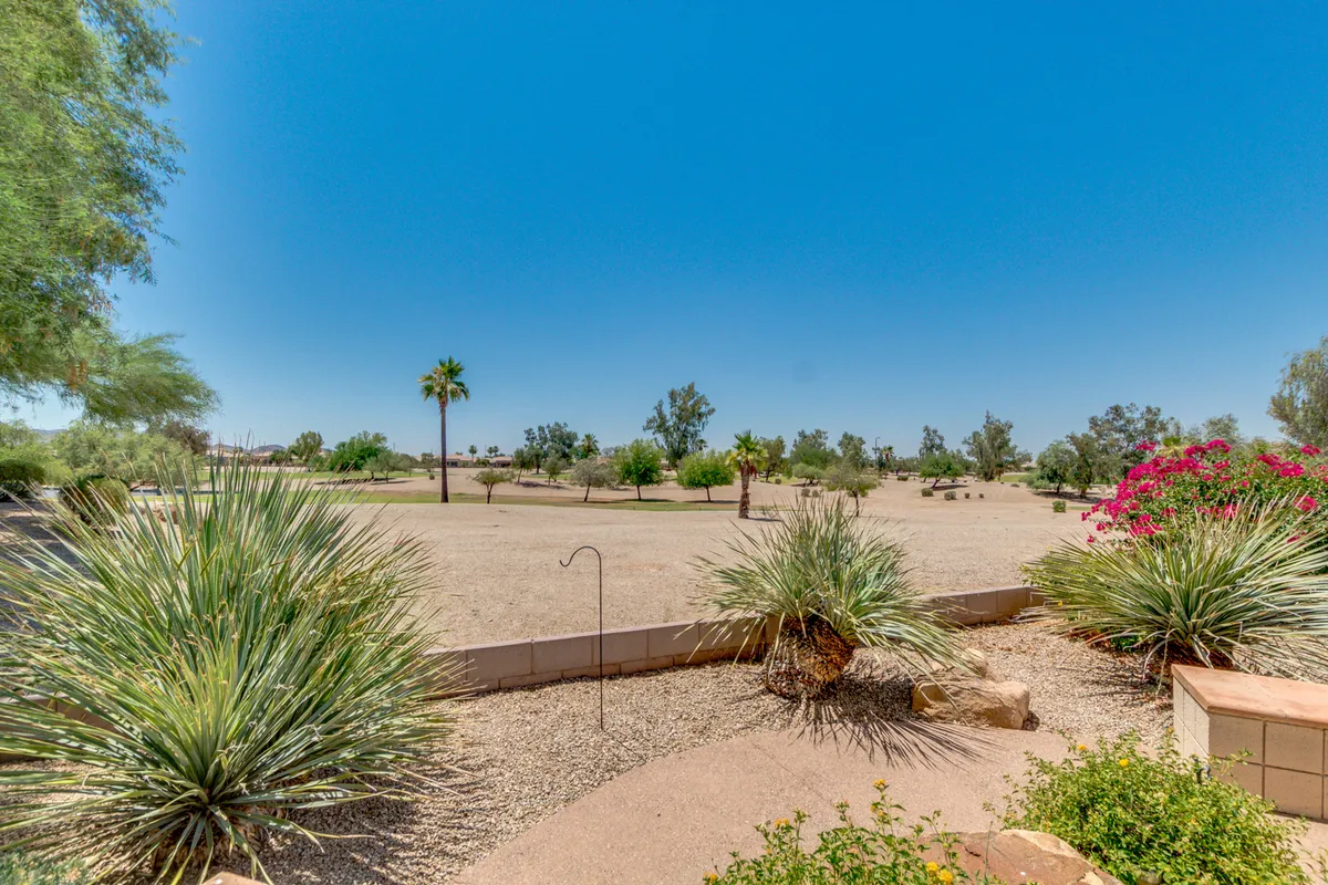 A tranquil desert landscape scene with palm trees, flowering plants, and sweeping vegetation. The composition offers an expansive, peaceful outdoor view, reminiscent of the scenic vistas found around a golf course.